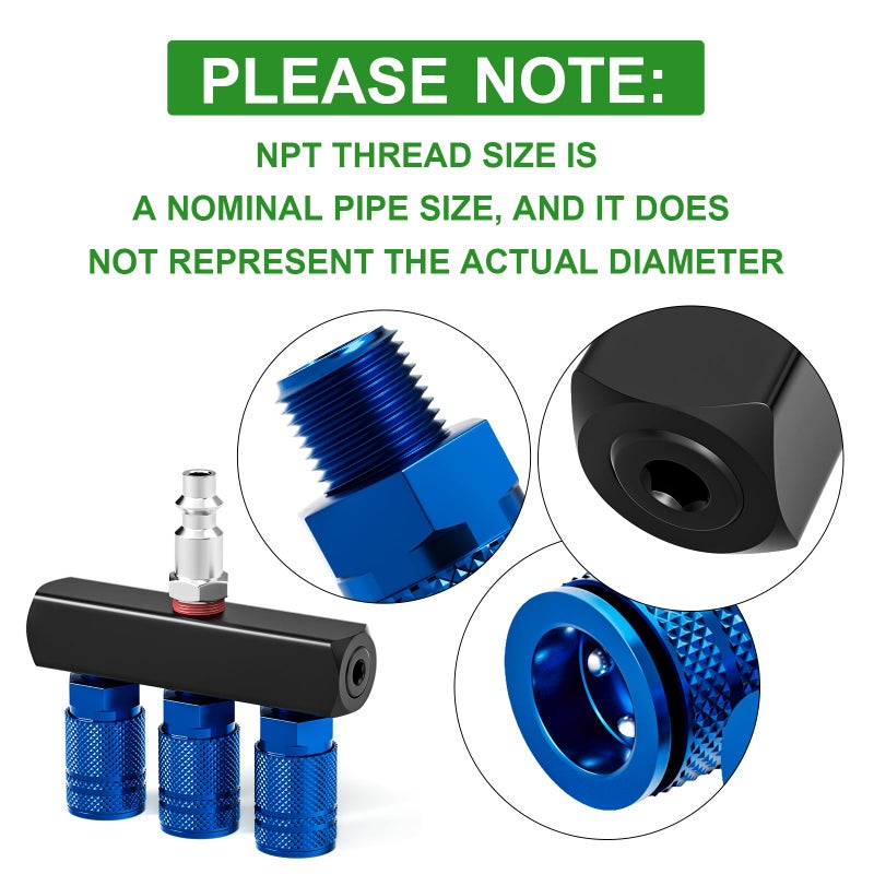 TAISHER 3-Way Straight Air Manifold 4 Ports Aluminum Industrial Pneumatic Air Compressor Quick Connect Socket In Line Type Air Hose Splitter with 3 Couplers and 1/4" Male NPT Plug - Image 5